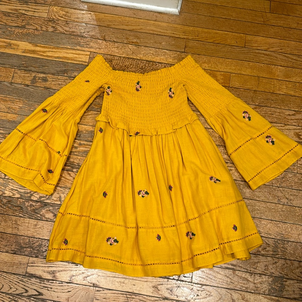 Free People, size XS, over the shoulder smocked embroidered mini dress